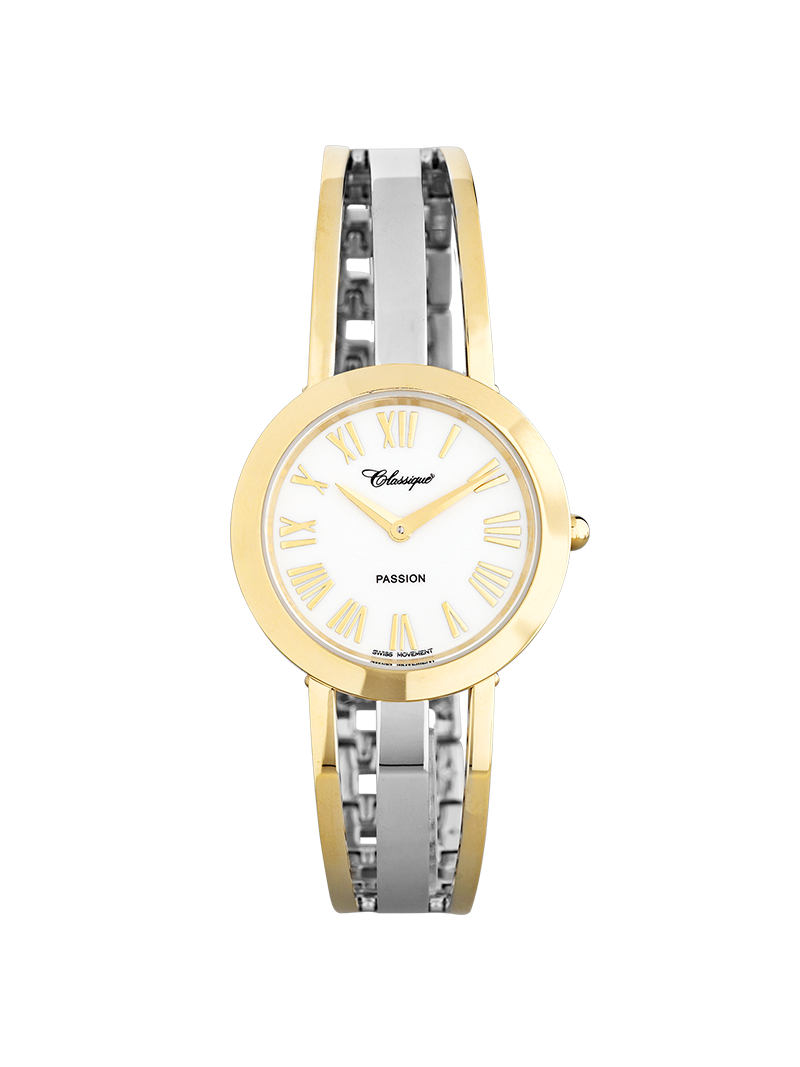 Case Two Tone Gold Plated Stainless Steel Dial White Dial Champagne Roman Half Bangle