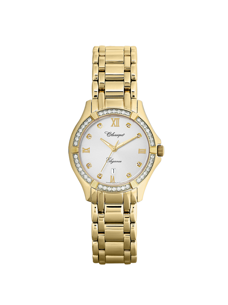 Case Gold Plated Stainless Steel Dial Silver Dial Square Stone Bracelet