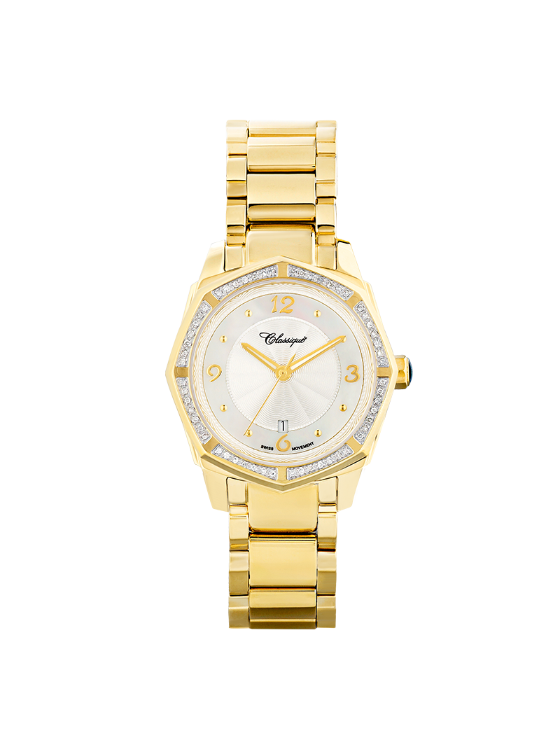 Case Gold Plated Stainless Steel Dial Mother of Pearl Dial Champagne Arabic Bracelet
