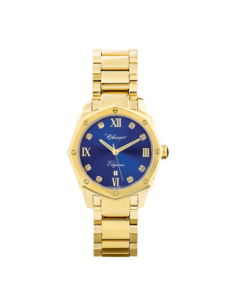 Case Gold Plated Stainless Steel Dial Blue Dial Square Stone Bracelet
