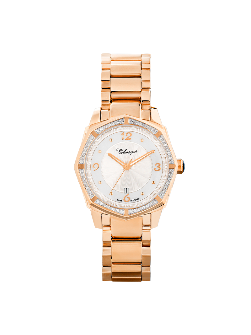 Case Rose Gold Plated Stainless Steel Dial Silver Dial Rose Arabic Bracelet