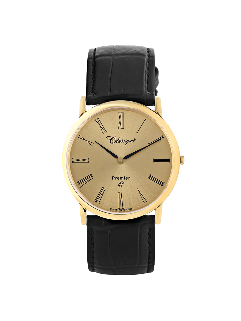 Case Gold Plated Stainless Steel Dial Champagne Dial Black Roman Leather Black