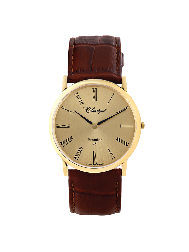 Case Gold Plated Stainless Steel Dial Champagne Dial Black Roman Leather Brown