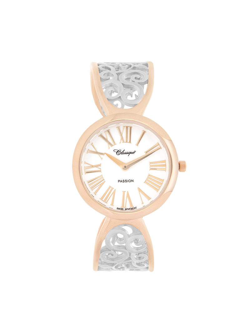 Case Two Tone Rose Gold Plated Stainless Steel Dial White Dial Rose Roman Half Bangle