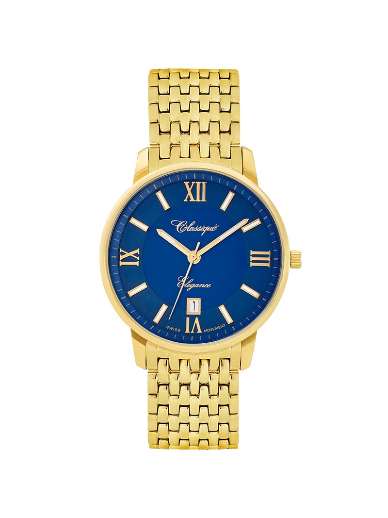 Case Gold Plated Stainless Steel Dial Blue Dial Champagne Roman Bracelet