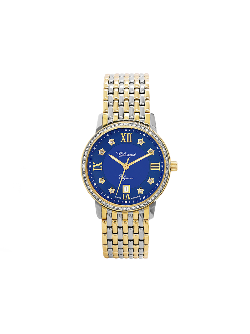 Case Two Tone Gold Plated Stainless Steel Dial Blue Dial Star Stone Bracelet