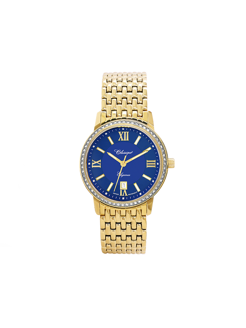 Case Gold Plated Stainless Steel Dial Blue Dial Champagne Roman Bracelet