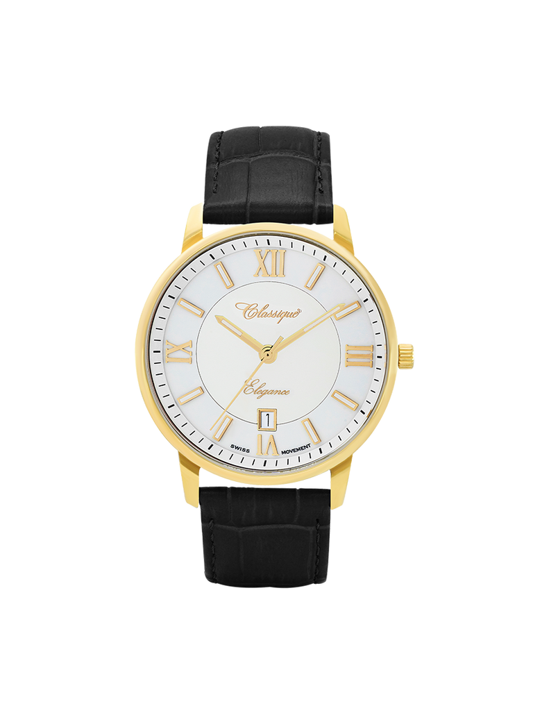 Case Gold Plated Stainless Steel Dial White Dial Champagne Roman Leather Black
