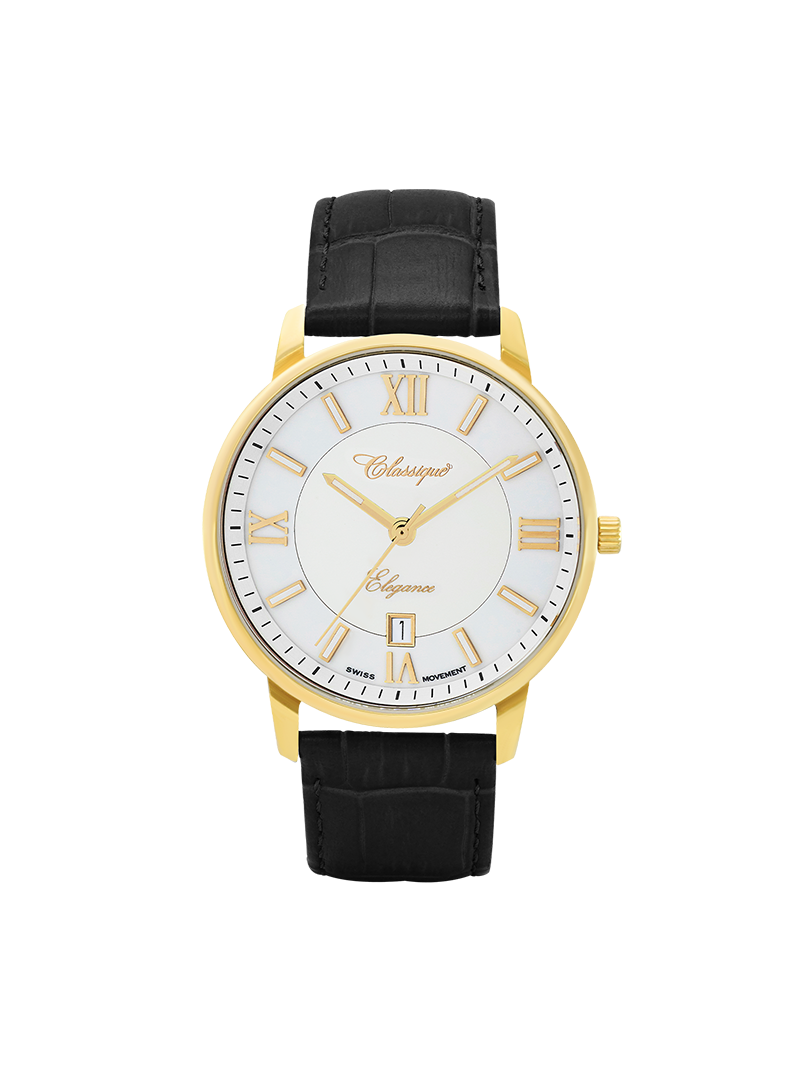 Case Gold Plated Stainless Steel Dial White Dial Champagne Roman Leather Black