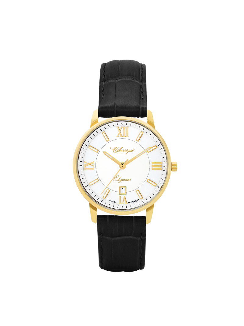 Case Gold Plated Stainless Steel Dial White Dial Champagne Roman Leather Black