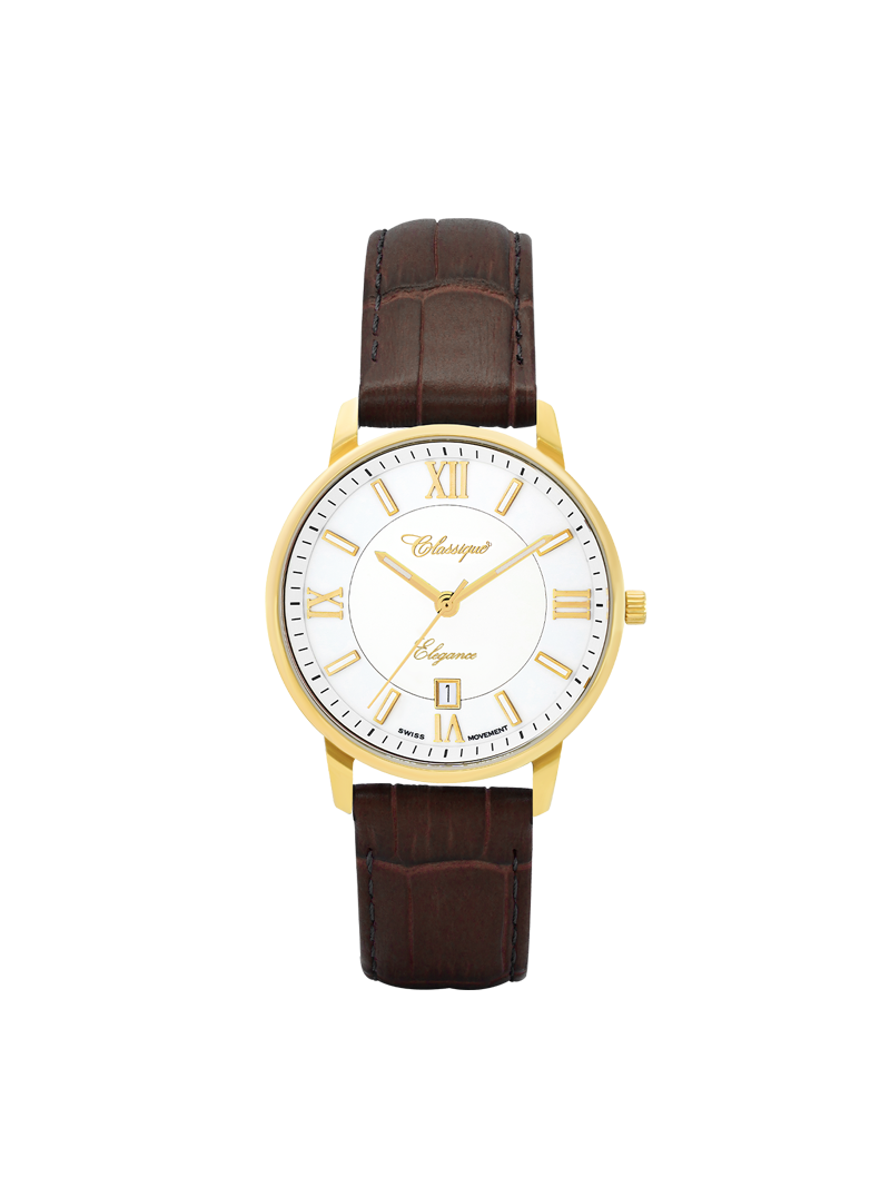 Case Gold Plated Stainless Steel Dial White Dial Champagne Roman Leather Brown