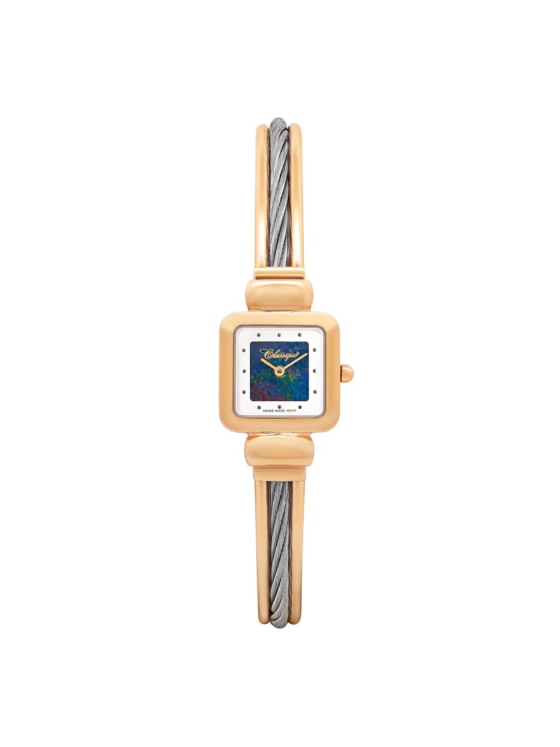 Case Two Tone Gold Plated Stainless Steel Dial Opal Dial Black Roman Half Bangle