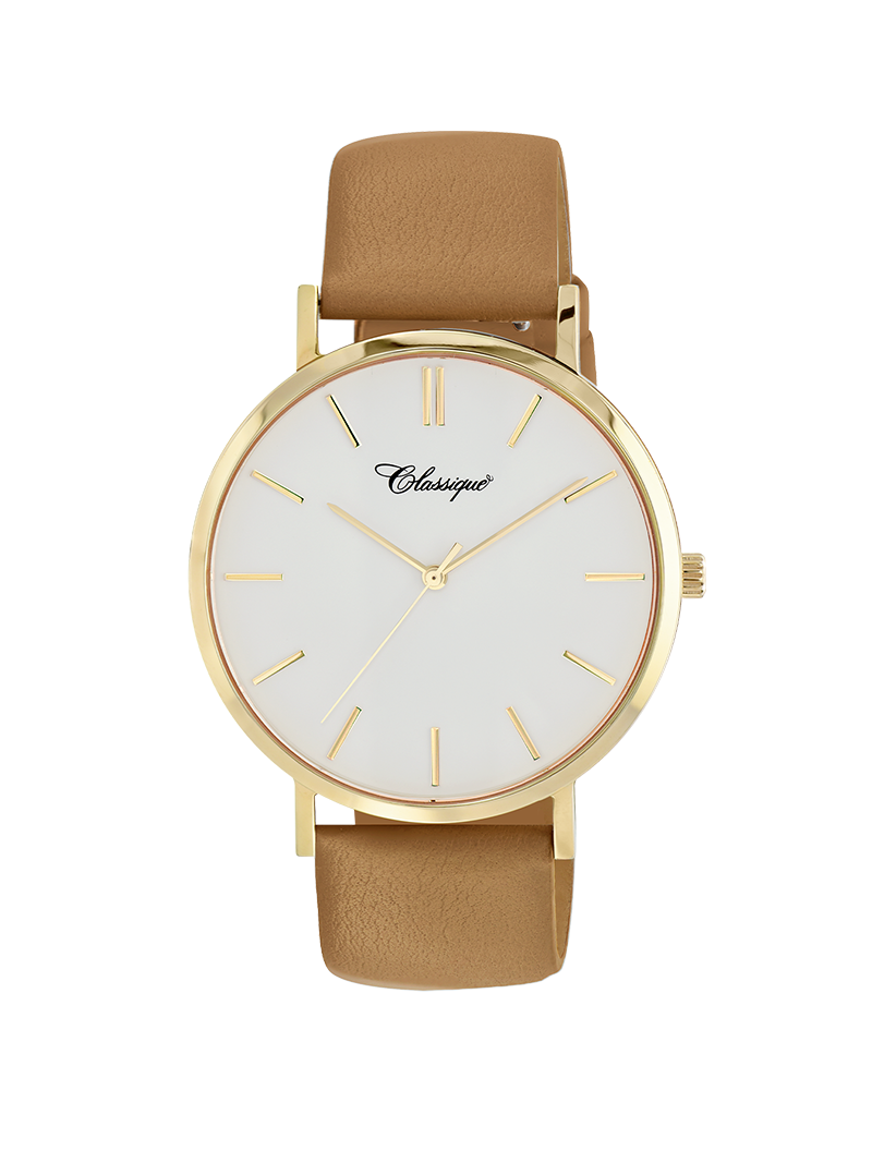 Case Gold Plated Stainless Steel Dial White Dial Baton Quick Release Leather Camel