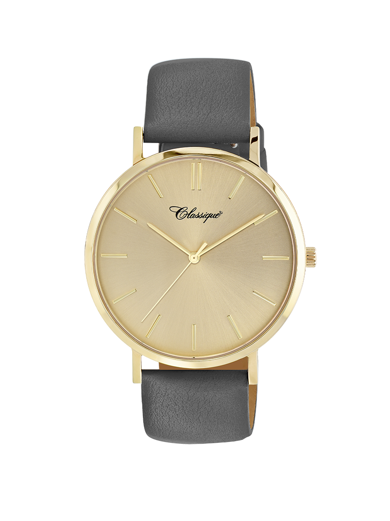 Case Gold Plated Stainless Steel Dial Champagne Dial Baton Quick Release Leather Dark Grey