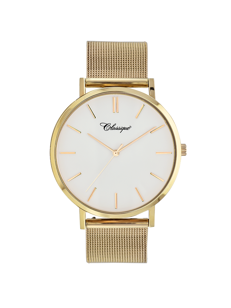 Case Gold Plated Stainless Steel Dial White Dial Baton Quick Release Mesh Band