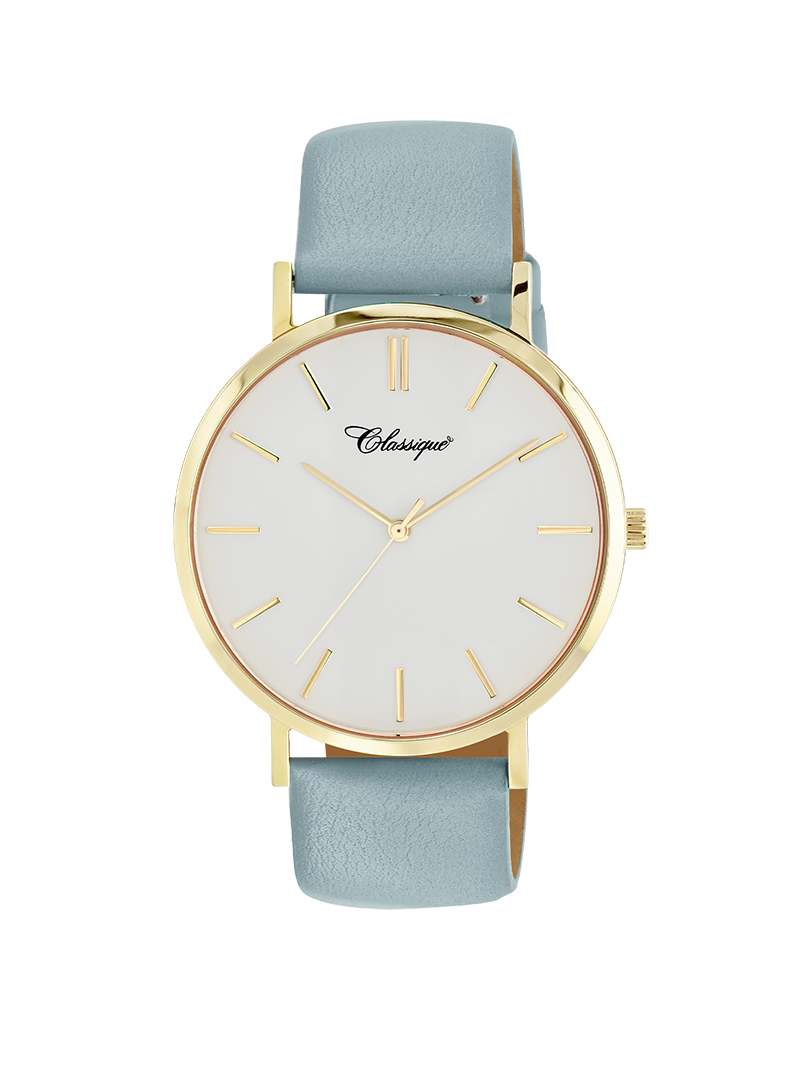 Case Gold Plated Stainless Steel Dial White Dial Baton Quick Release Leather Sky Blue