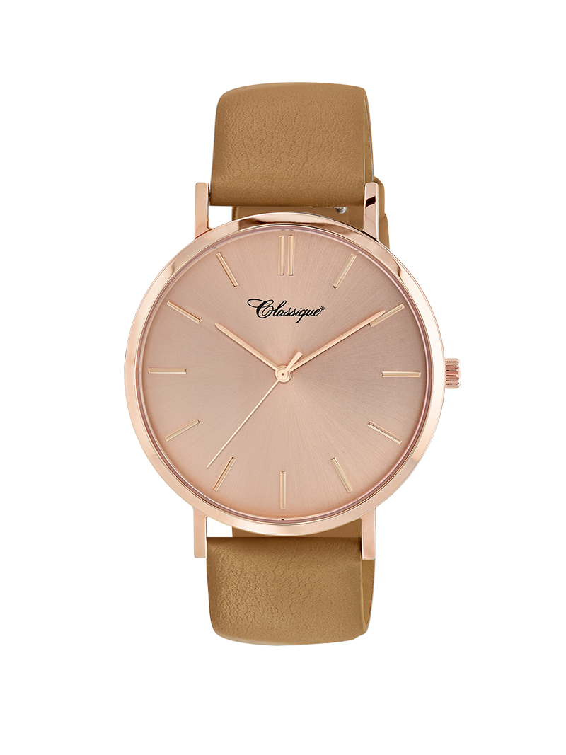 Case Rose Gold Plated Stainless Steel Dial Rose Dial Baton Quick Release Leather Camel