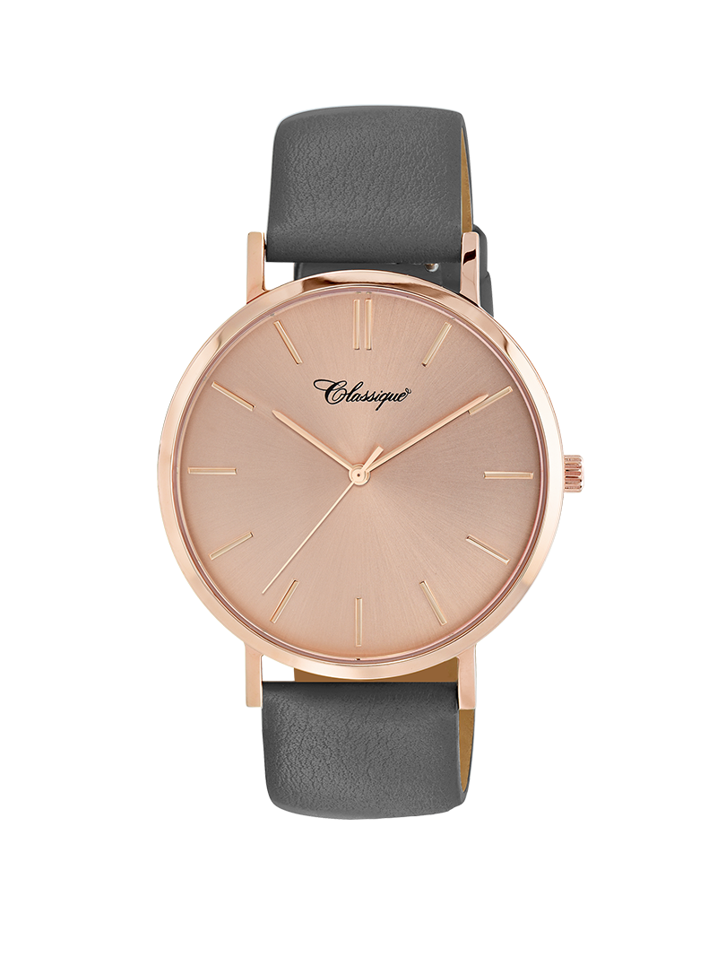Case Rose Gold Plated Stainless Steel Dial Rose Dial Baton Quick Release Leather Dark Grey