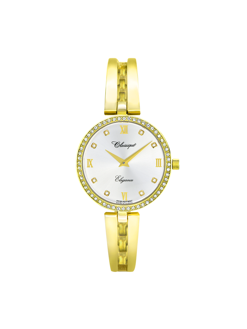 Case Gold Plated Stainless Steel Dial Silver Dial Square Stone Half Bangle