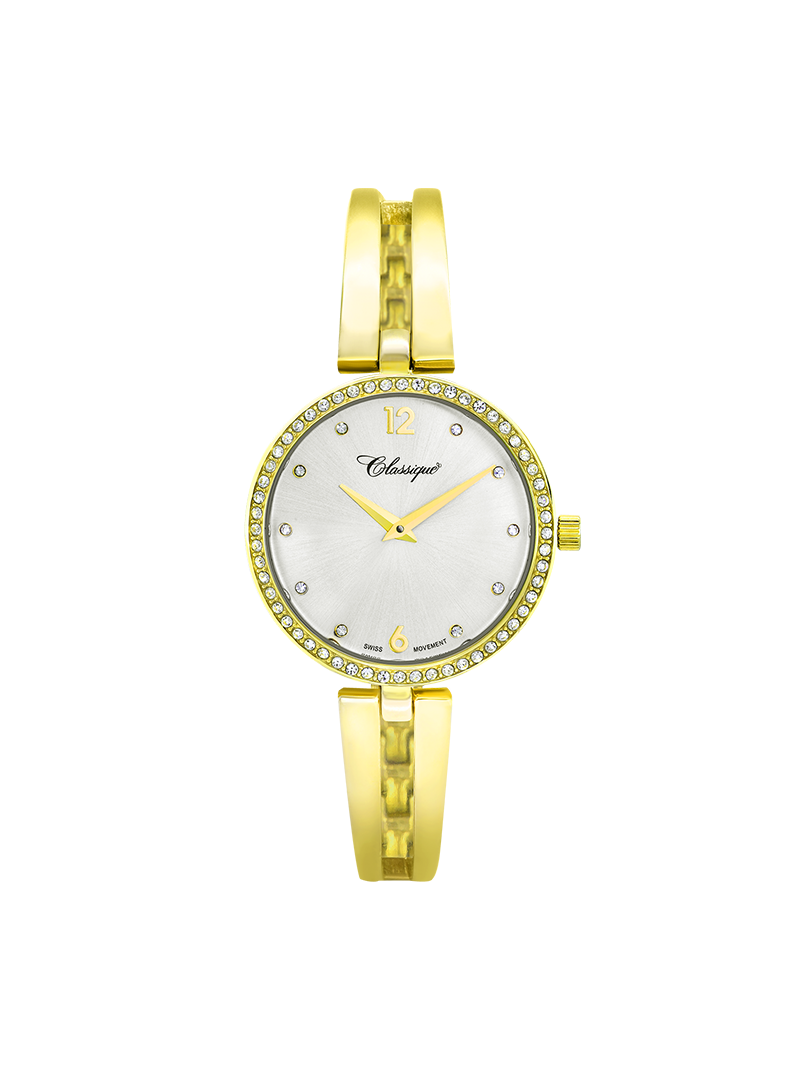 Case Gold Plated Stainless Steel Dial Silver Dial Stone Half Bangle