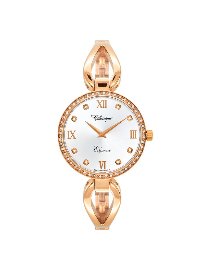 Case Rose Gold Plated Stainless Steel Dial Silver Dial Square Stone Half Bangle