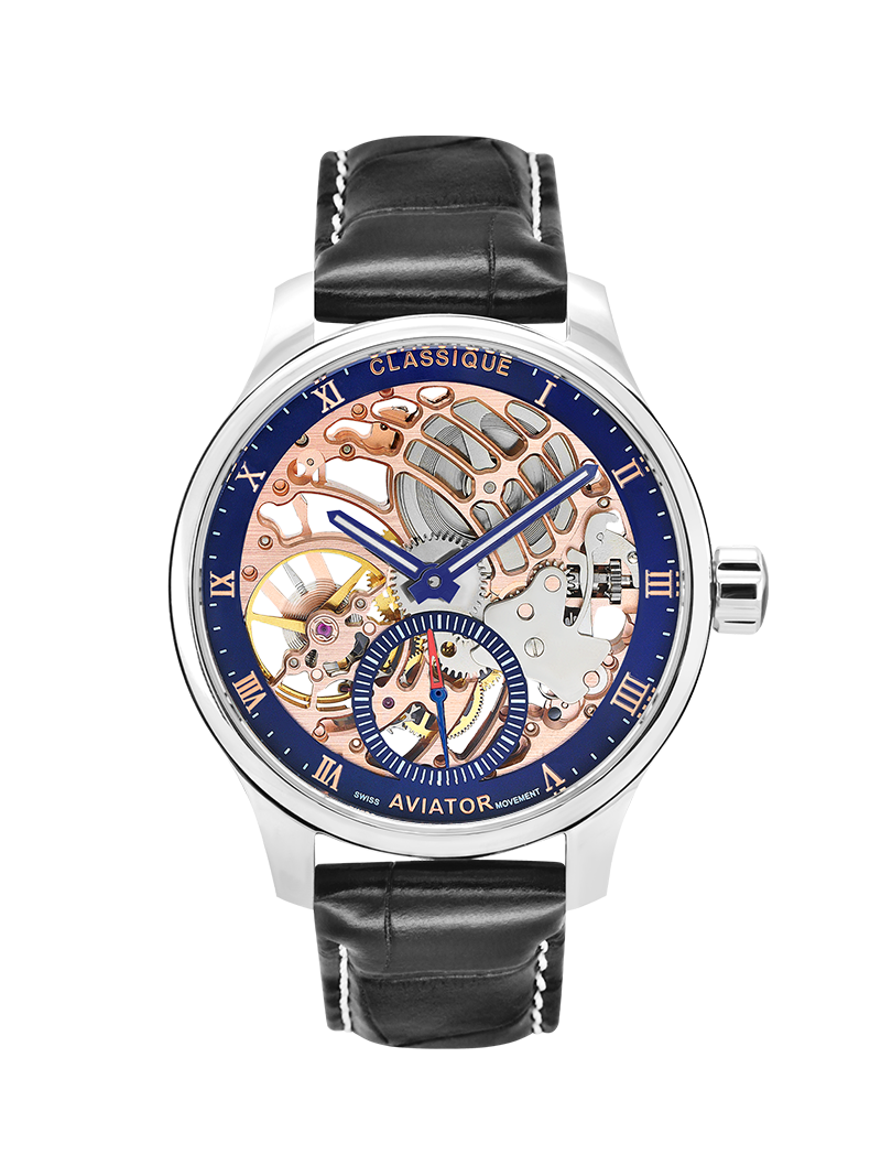 Case Stainless Steel Dial Blue Dial Rose Roman Leather Black