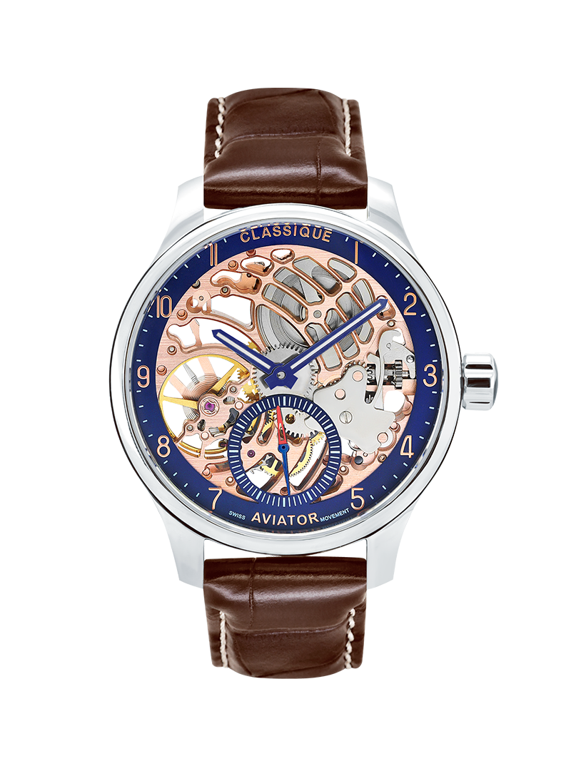 Case Stainless Steel Dial Blue Dial Rose Arabic Leather Brown