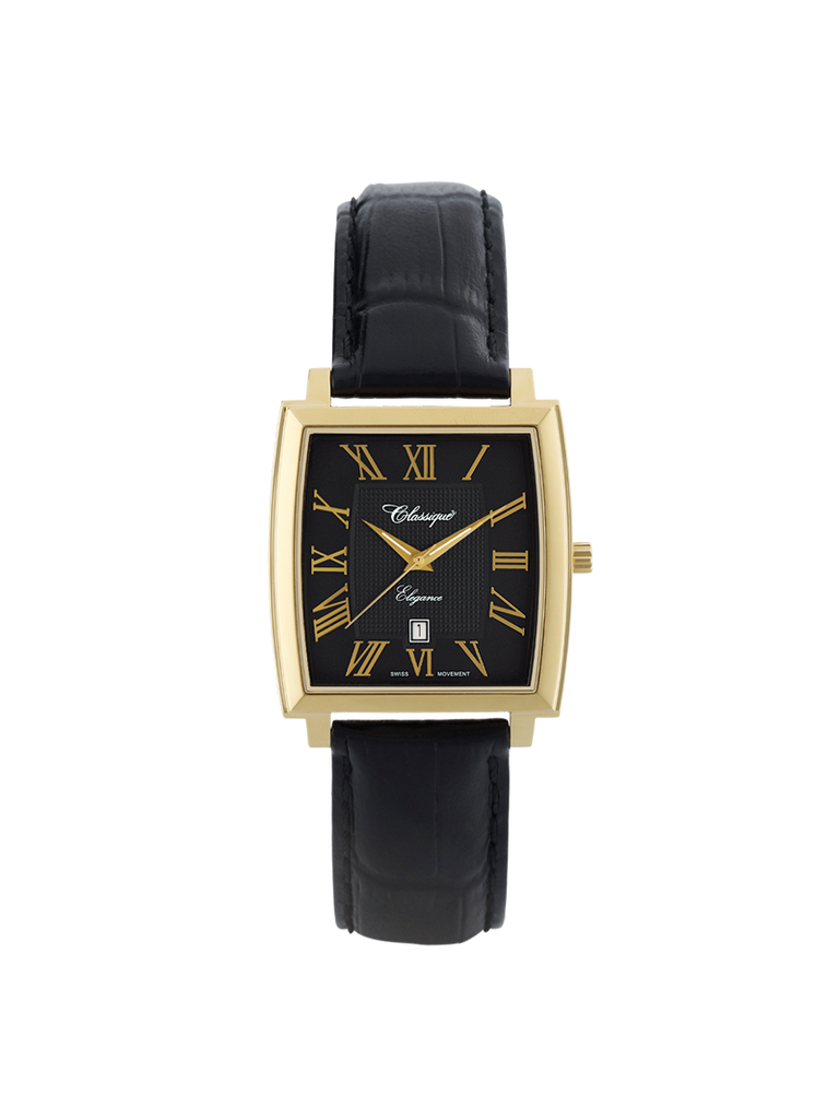 Case Gold Plated Stainless Steel Dial Black Dial Champagne Roman Leather Black