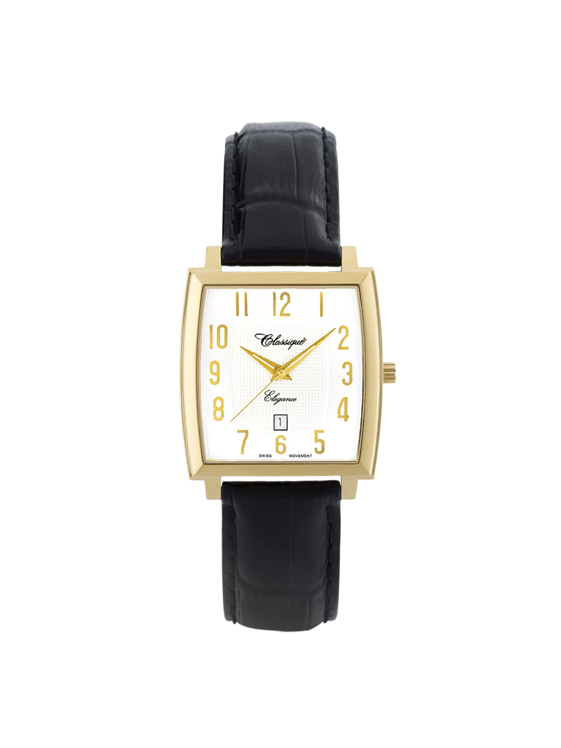Case Gold Plated Stainless Steel Dial White Dial Champagne Arabic Leather Black
