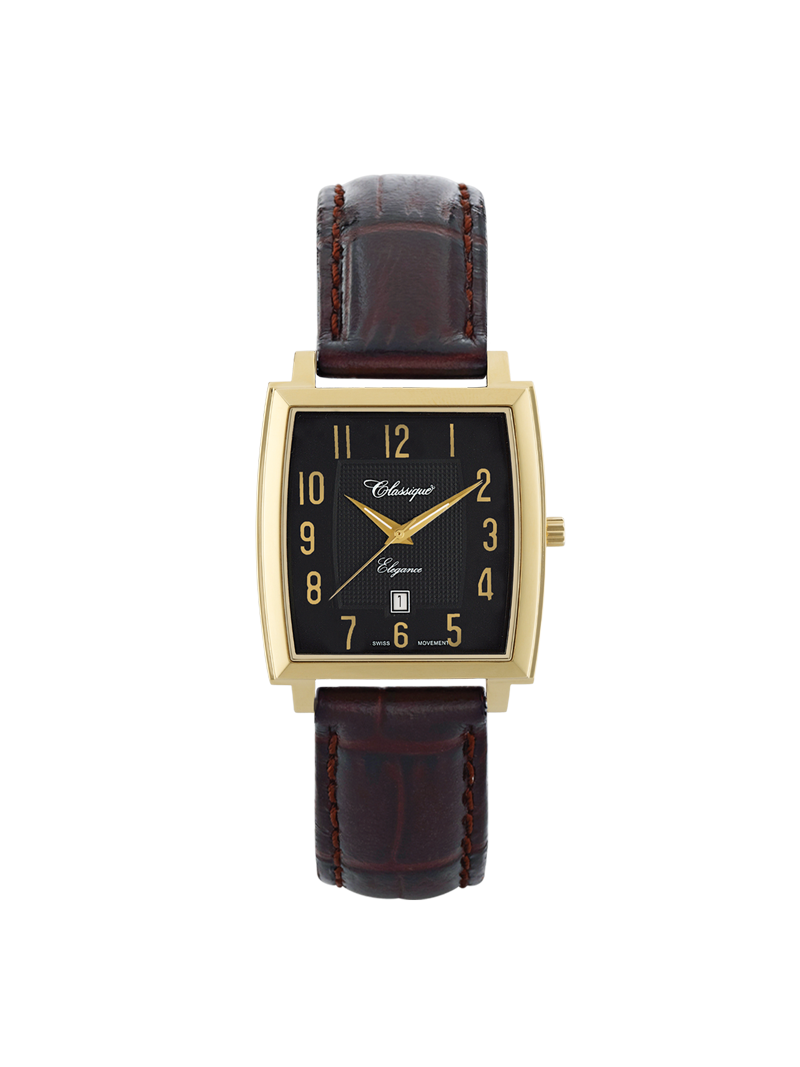Case Gold Plated Stainless Steel Dial Black Dial Champagne Arabic Leather Brown