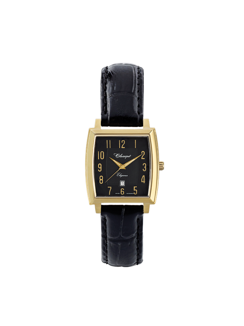 Case Gold Plated Stainless Steel Dial Black Dial Champagne Arabic Leather Black