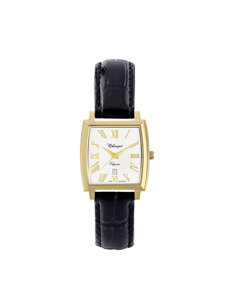 Case Gold Plated Stainless Steel Dial White Dial Champagne Roman Leather Black