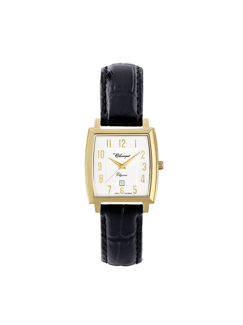 Case Gold Plated Stainless Steel Dial White Dial Champagne Arabic Leather Black