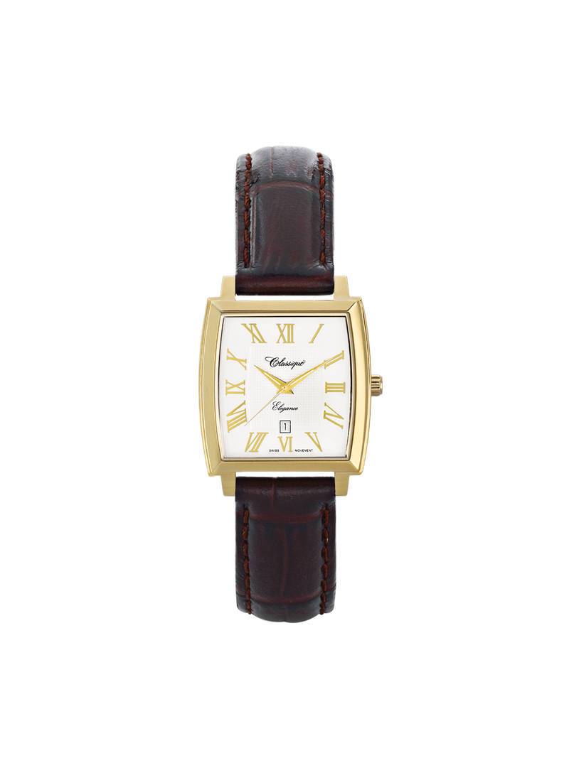 Case Gold Plated Stainless Steel Dial White Dial Champagne Roman Leather Brown