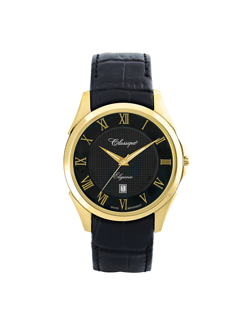 Case Gold Plated Stainless Steel Dial Black Dial Champagne Roman Leather Black