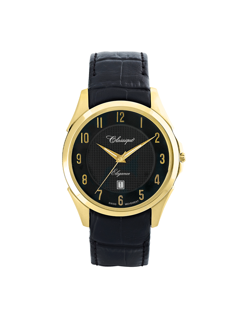 Case Gold Plated Stainless Steel Dial Black Dial Champagne Arabic Leather Black