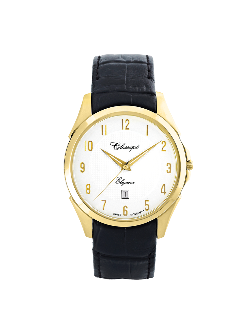 Case Gold Plated Stainless Steel Dial White Dial Champagne Arabic Leather Black