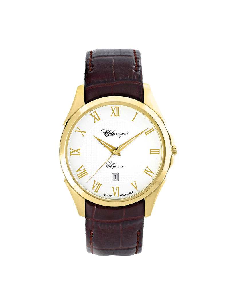 Case Gold Plated Stainless Steel Dial White Dial Champagne Roman Leather Brown