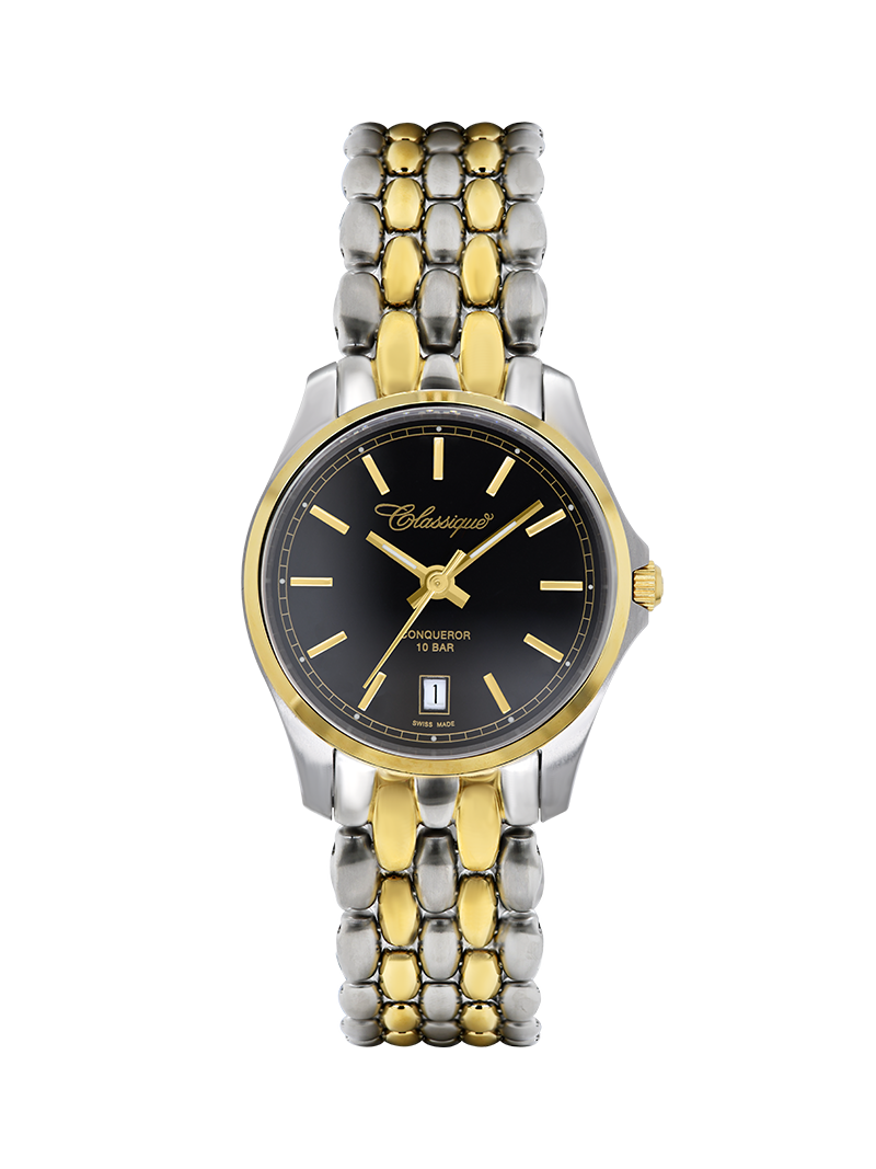 Case Two Tone Gold Plated Stainless Steel Dial Black Dial Baton Bracelet